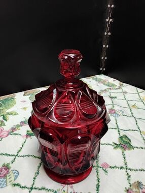 Fenton Signed Paisley Swirl Ruby Red to AMBERINA covered candy Jar Vintage
